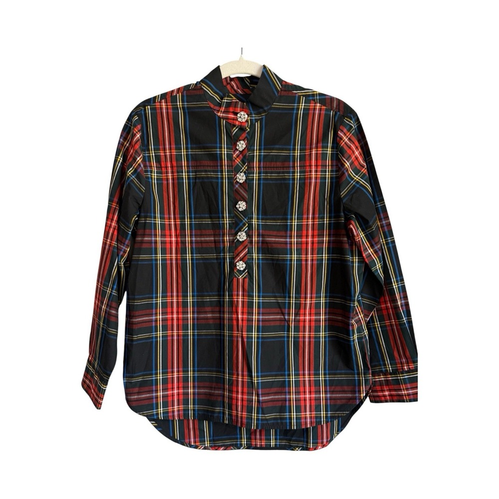 J.Crew Plaid Pop Over Shirt Blouse Rhinestone Crystal Detail Preppy Classic Sz 4